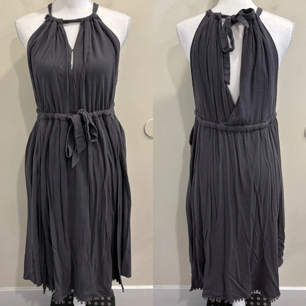 Free People Spring Love Midi Dress Carbon Gray Halter Open Back Pom Trim XS Boho